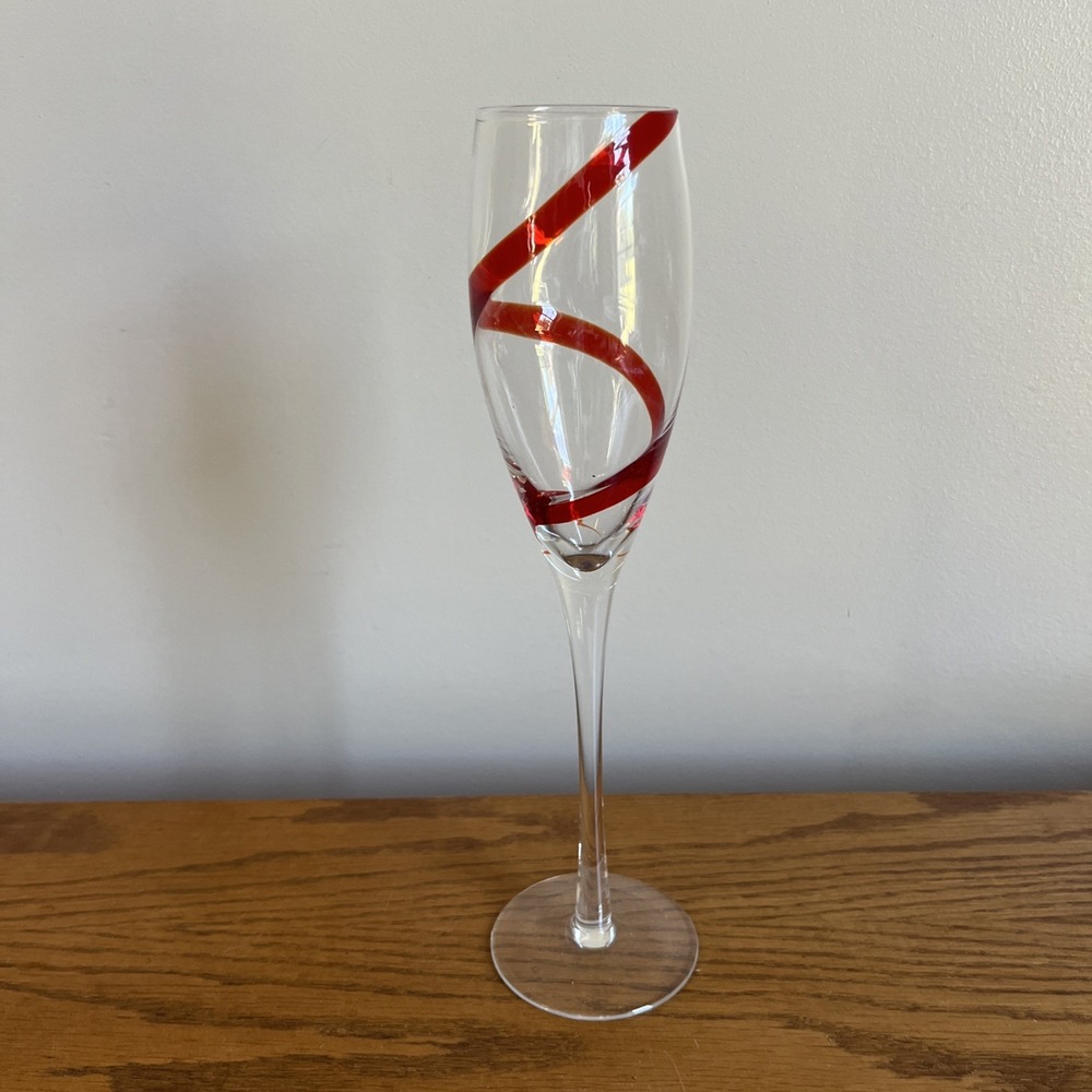 Pier 1 Imports Red Swirl Swirline Champagne Flute Glass 10 Inch Tall Hand Blown